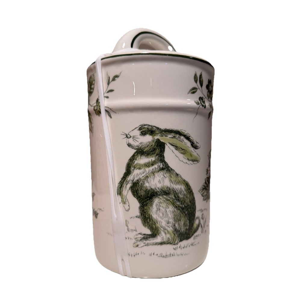 French Toile Spring‎ Bunny Rabbit Green & White Large Cabbage Jar Canister/NEW